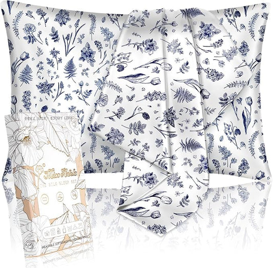 2 Pack Satin Pillowcase - Queen Size 20 x 30 Inches with Hidden Zipper Smooth and Comfortable Pillow Covers Hair and Skin Care for Moms and Women, Blue Line Flower