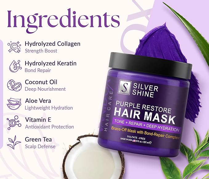 Deep Conditioning Silver Shine Purple Hair Mask for Gray Hair, Purple Toner for Brassy, Bleached, Silver, or Color Treated Hair, Restore Moisture & Brighten Dull Hair, Sulfate Free, Made in USA, 8oz