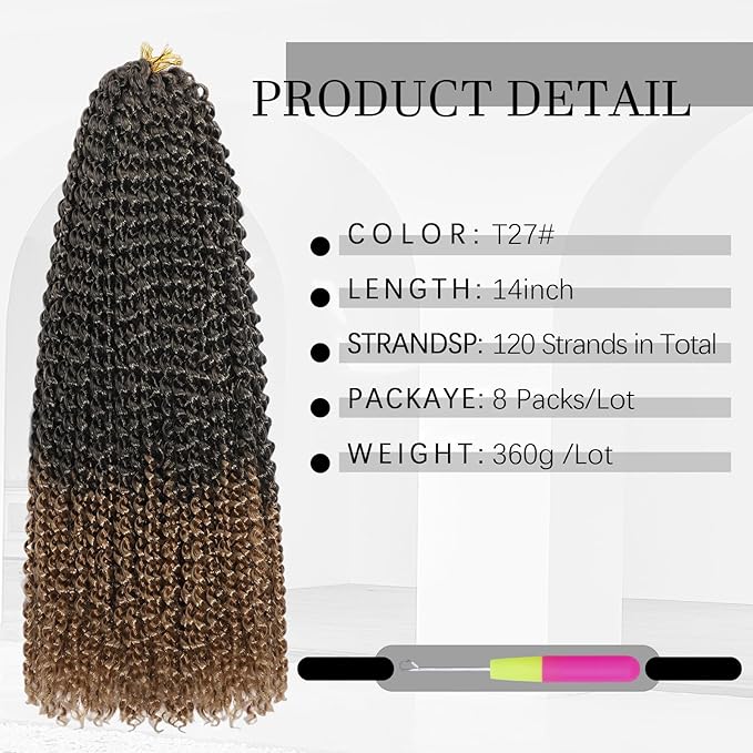 Passion Twist Hair 14 Inch 8 Packs Water Wave Crochet Hair Bohemian Braiding Hair for Boho Locs Pre Looped Crochet Braids Hair for Black Women （T/27#）