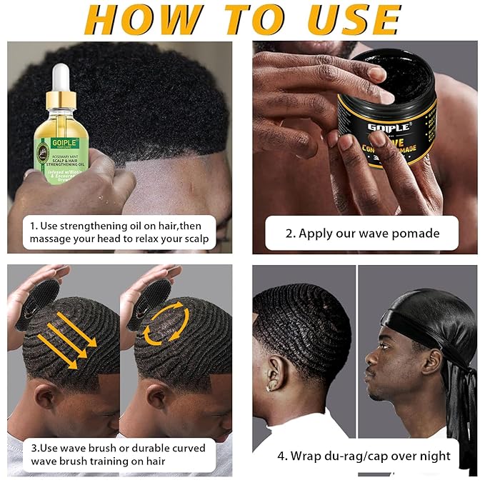 Natural Wave Pomade for Men Strong Hold, Easy Wash 360 Wave Training Hair Cream, Waves Grease for Men Promotes Layered Waves, Moisture, Control and Silky Shine with Rosemary Oil for Hair Growt Set