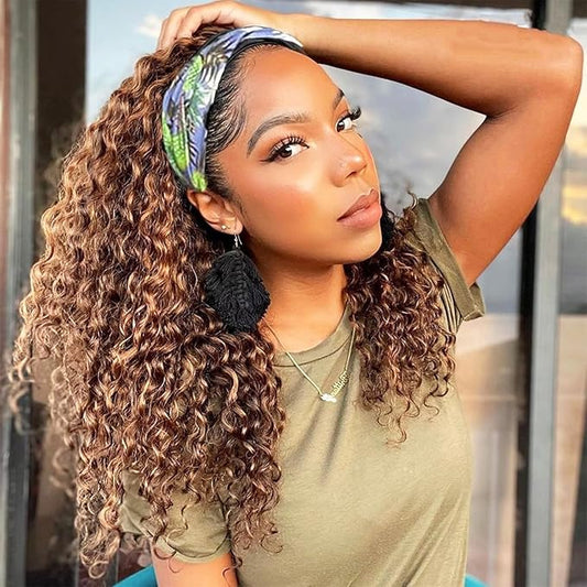 Headband Wig Human Hair 20 Inch Highlight Ombre Curly Headband Human Hair Wigs for Black Women #4/27 Glueless None Lace Front Brazilian Deep Wave Headband Wig