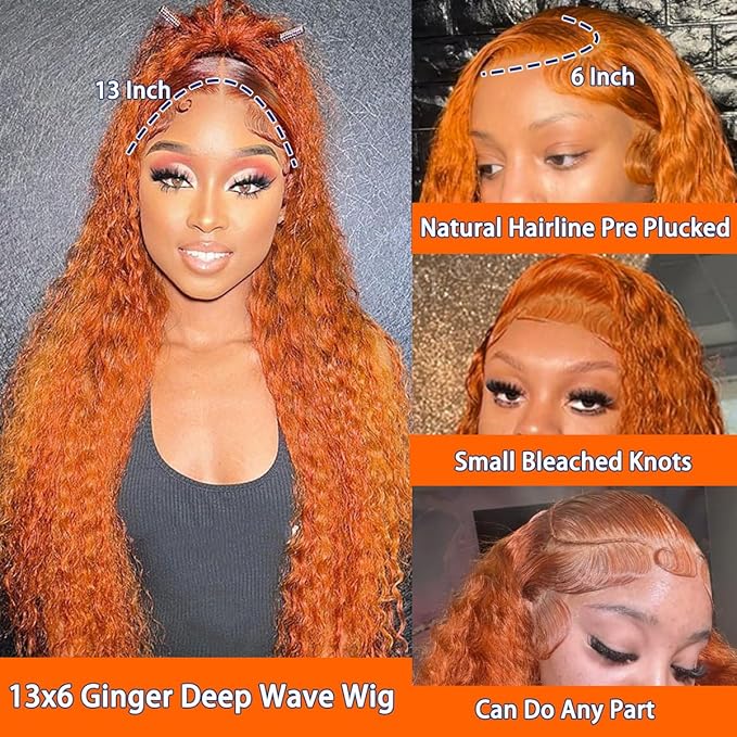 13x6 Ginger Lace Front Wig Human Hair 350# Deep Wave Lace Front Wigs for Black Women Orange Ginger Wig Human Hair Pre Plucked with Natural Hairline 210% Density 18Inch