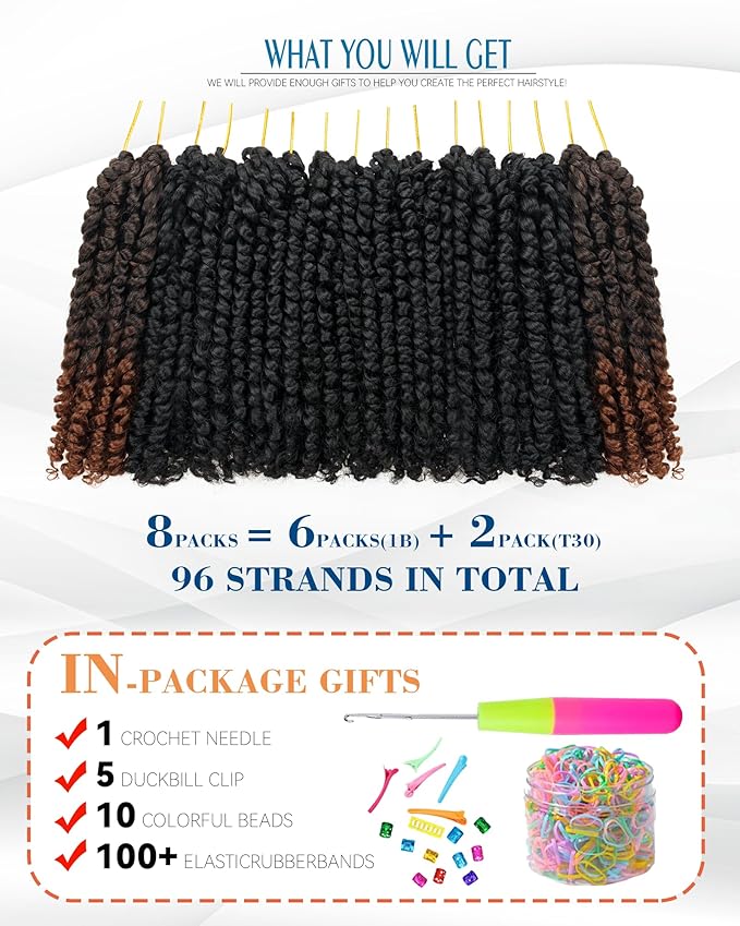 8 Inches 8 Packs Passion Twist Crochet Hair-Mixed Color Combination Package(6 packs 1B+2pack T30),Pre-twisted Pre Looped Synthetic Spring Kinky Twist Hair Extensions(8"-8 Packs,1B+T30)