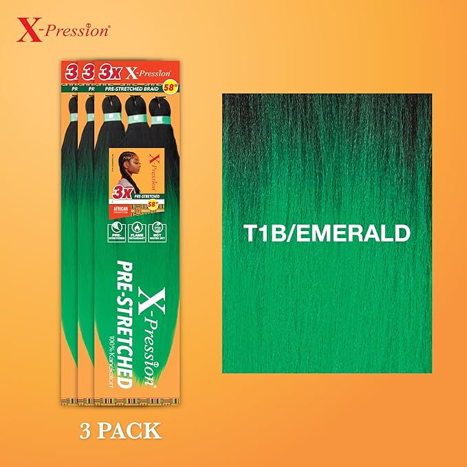 Sensationnel X-pression prestretched braiding hair - 3x braid 58 inch all kanekalon flame retardant synthetic braid for box braids and twists (3 pack, T1B/EMERALD)