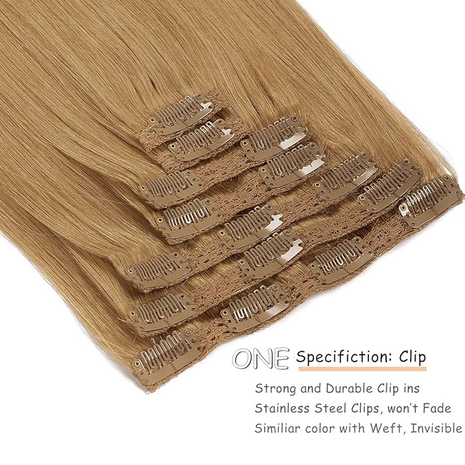 Caliee Real Hair Extensions Clip in Human Hair for Full Head Color 27 Caramel Blonde Seamless Clip in Hair Extensions Double Weft Lace 140G 20Inch