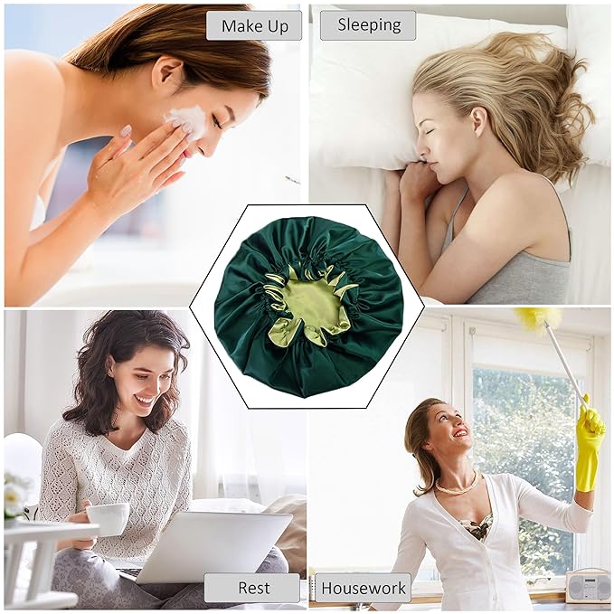 Silk Bonnet for Sleeping Satin Bonnets Double Layer Reversible Hair Cap Bonnet for Women Long Curly Braid Hair (Dark Green)