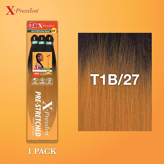 Sensationnel X-pression prestretched braiding hair - 3x braid 58 inch all kanekalon flame retardant synthetic braid for box braids and twists (1 pack, T1B/27)