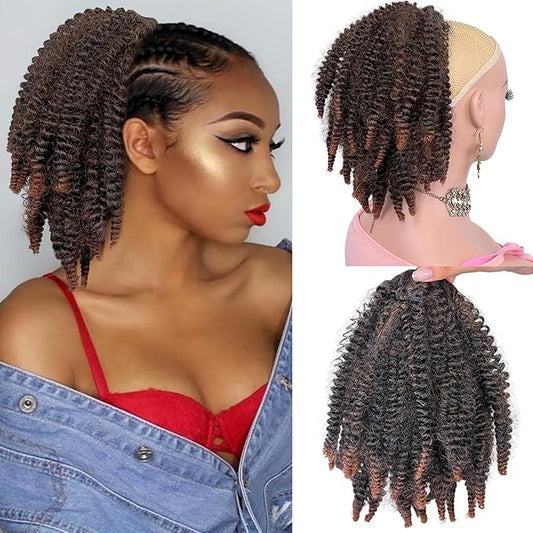Short Marley Hair Drawstring Ponytail Ombre Brown 4C Afro Puff Bun Braiding Ponytail Hair with Clips Synthetic Afro Kinky Curl Pony Tail Hairpiece for Black Women - T30#, 12"