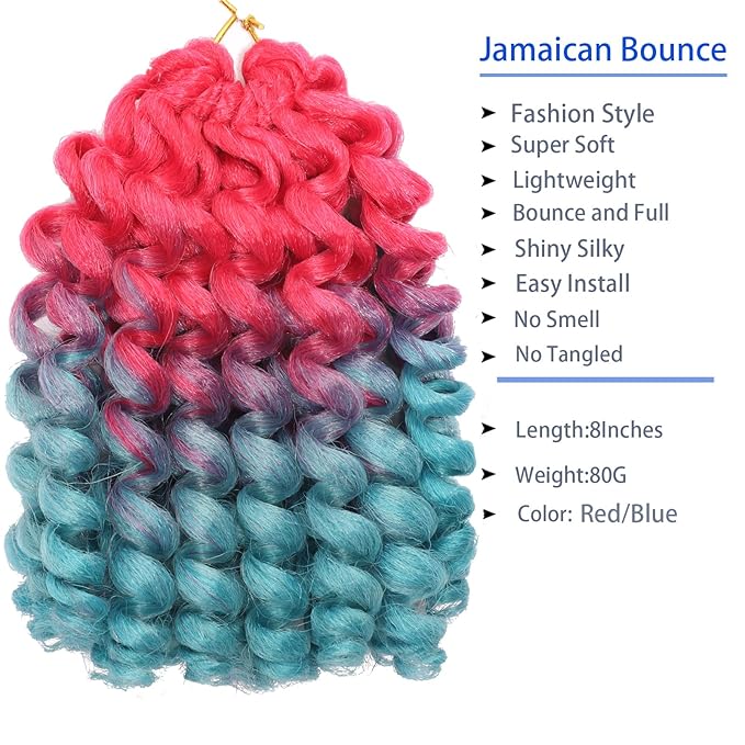 Red Blue Short Jamaican Bounce Crochet Hair 3 Packs 2X Ringlet Wand Curl Crochet Hair 8 Inch Curly Crochet Hair Extensions Curly Crochet Braiding Hair 60 Roots