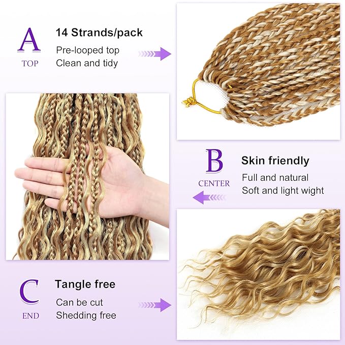 Eacia Goddess Box Braids Crochet Hair 18 Inch 7 Packs Honey Blonde Boho Box Braids Crochet Hair Extensions with Curly Ends for Women(18 Inch, P27/613#)