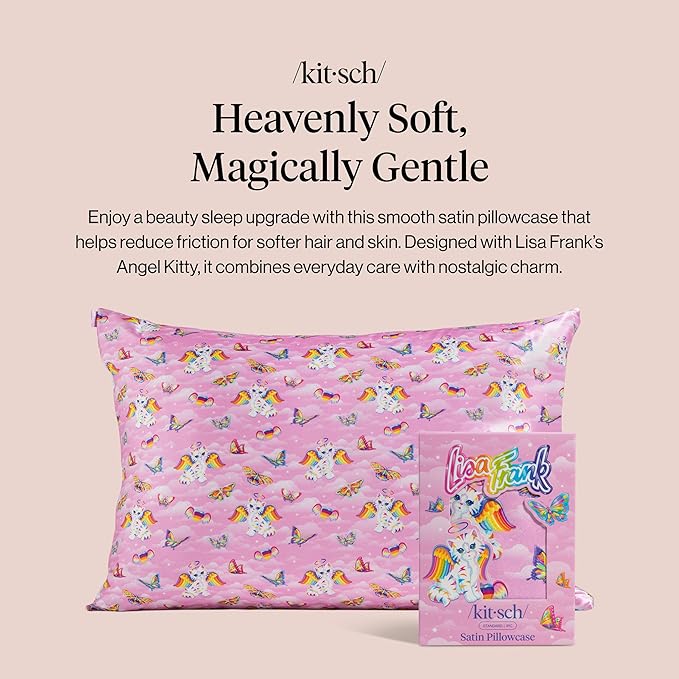 Kitsch x Lisa Frank Satin Pillowcase with Zipper for Hair & Skin, Softer Than Silk Pillow Cases Queen, Wrinkle-Free, Smooth and Cooling Satin Pillow Covers Standard/Queen Size 19x26 - Angel Kitty