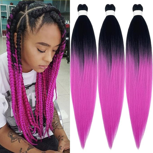 Rose Pink Ombre Braiding Hair Pre Stretched Color Pink Hair Extensions for Braids 26 inch Prestretched Braiding Hair Ombre Crochet Braids Non Toxic Synthetic Hair for Braiding