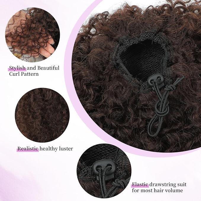 Drawstring Curly Ponytail Extensions for Black Women Protein Silk Fiber Human Hair Soft Feeling Afro Kinky Curly Hair Puff Pony tails Lightweight, Soft Natural Budget-Friendly for Daily Styles