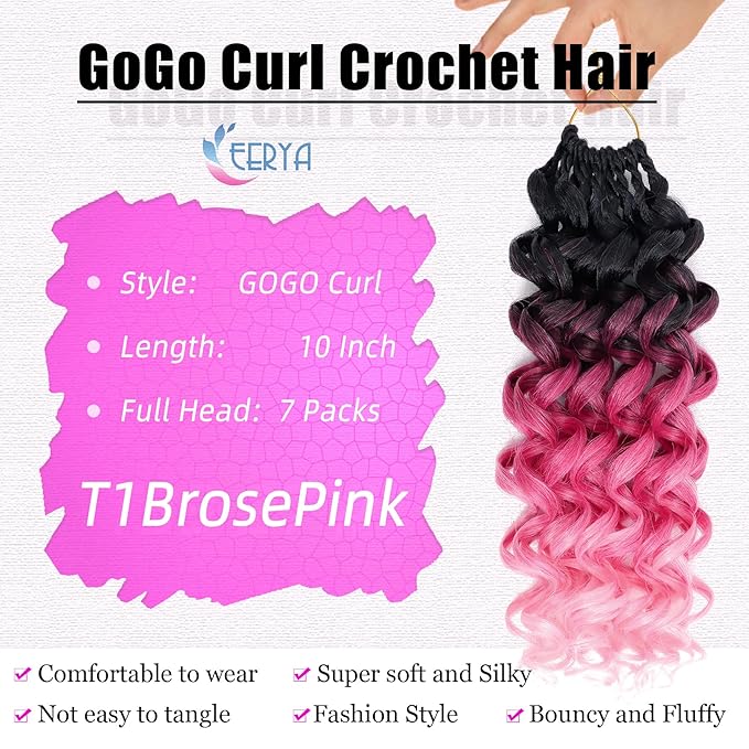 7 Packs GoGo Curl Crochet Hair 10 Inch Short Curly Crochet Hair for Women Deep Wave Beach Curl Crochet Braids Synthetic Braiding Hair Extensions(10 Inch, #T1B/Rose/Pink)