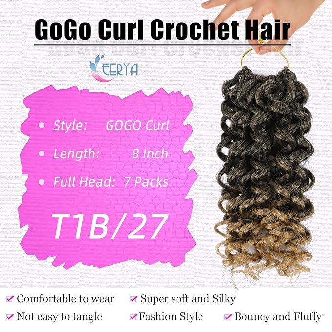 7 Packs GoGo Curl Crochet Hair 8 Inch Short Curly Crochet Hair for Women Deep Wave Beach Curl Crochet Braids Synthetic Braiding Hair Extensions(8 Inch, T27)