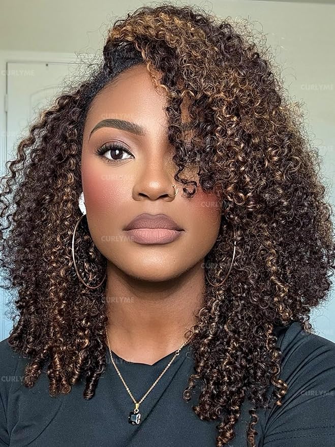 Curlyme Kinky Curly Half Wig Human Hair Highlight Brown Curly Glueless Install Flexible Fit 3 In 1 Ombre 2/30 Half Wig With Adjustable String Flip Over Beginner Friendly Invisible Hairline 20 Inch