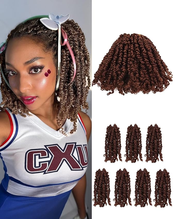 10 Inches 7 Packs Pre Looped Pretwisted Passion Twist Crochet Hair for Black Women and Kids-Natural Brown,Soft Hair Extensions Braided by Synthetic Spring Kinky Twist Bohemian Curl(10"-7 Packs,30#)