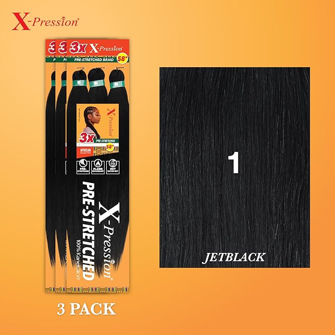 Sensationnel X-pression prestretched braiding hair - 3x braid 58 inch all kanekalon flame retardant synthetic braid for box braids and twists (3 pack, 1 JETBLACK)