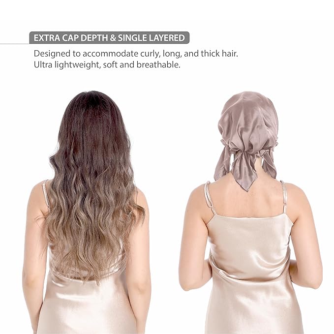 100% Silk Bonnet for Sleeping, Large Silk Sleep Cap with Tie Band for Curly Hair, Dusty Rose