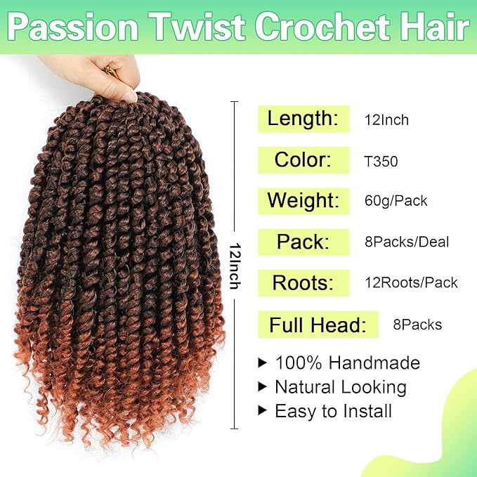 Passion Twist Crochet Hair 12Inch, pre looped Passion Twist Hair 8 Packs Short Passion Twist Crochet Hair for Black Women T350