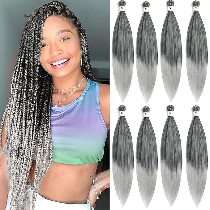 Pre Stretched Braiding Hair Ombre Tgrey 24 Inch 8 Packs, Synthetic Yaki Braiding Hair Pre Stretched