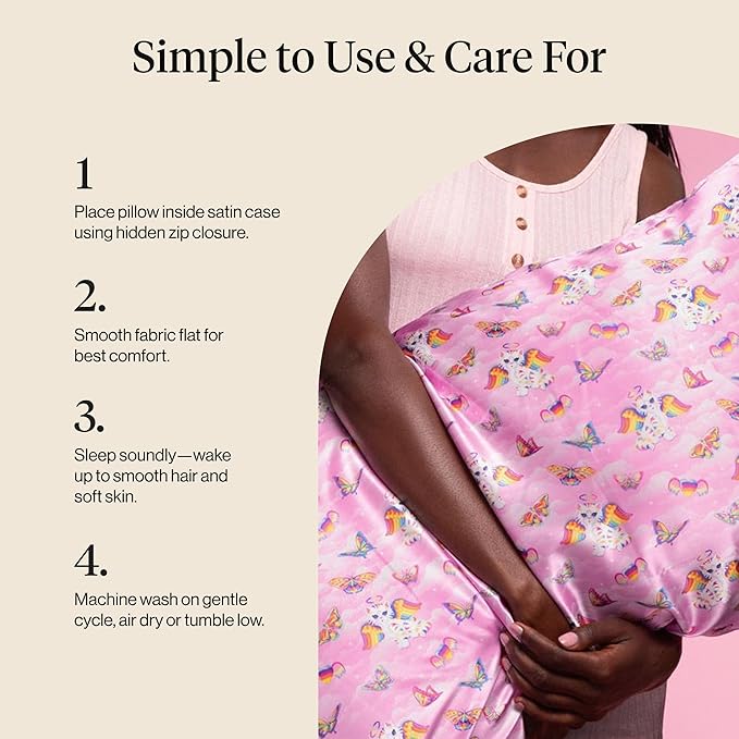 Kitsch x Lisa Frank Satin Pillowcase with Zipper for Hair & Skin, Softer Than Silk Pillow Cases Queen, Wrinkle-Free, Smooth and Cooling Satin Pillow Covers Standard/Queen Size 19x26 - Angel Kitty