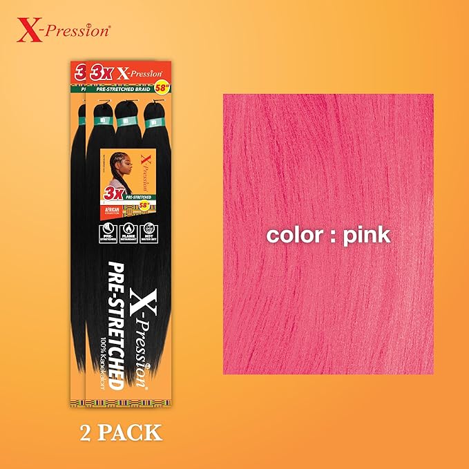 Sensationnel X-pression prestretched braiding hair - 3x braid 58 inch all kanekalon flame retardant synthetic braid for box braids and twists (2 pack, PINK)