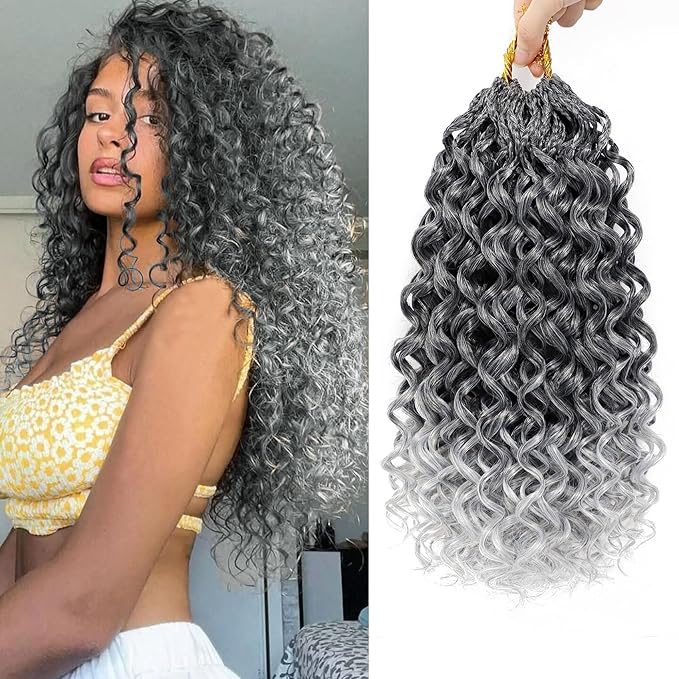 7 Packs Gogo Curl Grey Crochet Hair for Women 18 Inch Pre-Twisted Curly Crochet Hair Pre Looped Deep Ocean Water Wave Beach Curl Crochet Braids Synthetic Braiding Hair Extensions (18 Inch, 1B/Gray)