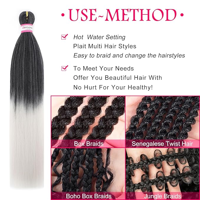 Ombre Grey Braiding Hair Pre Stretched 20 Inch 8 Packs Salt and Pepper Braiding Hair Extensions for Crochet Box Braids Twists Locs Hair Itch Free Soft Yaki Texture Hot Water Setting (20inch,#1B/Gray)
