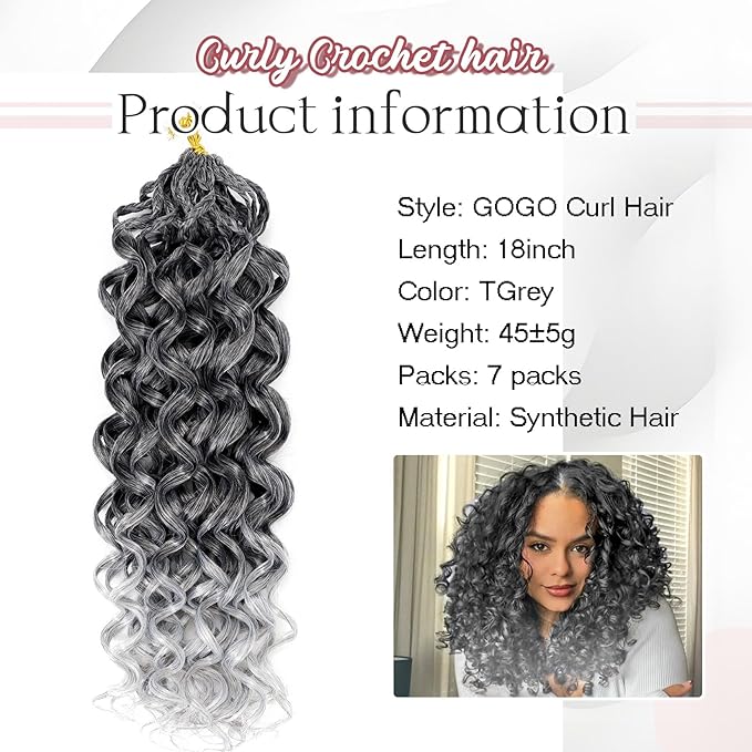 7 Packs Gogo Curl Grey Crochet Hair for Women 18 Inch Pre-Twisted Curly Crochet Hair Pre Looped Deep Ocean Water Wave Beach Curl Crochet Braids Synthetic Braiding Hair Extensions (18 Inch, 1B/Gray)