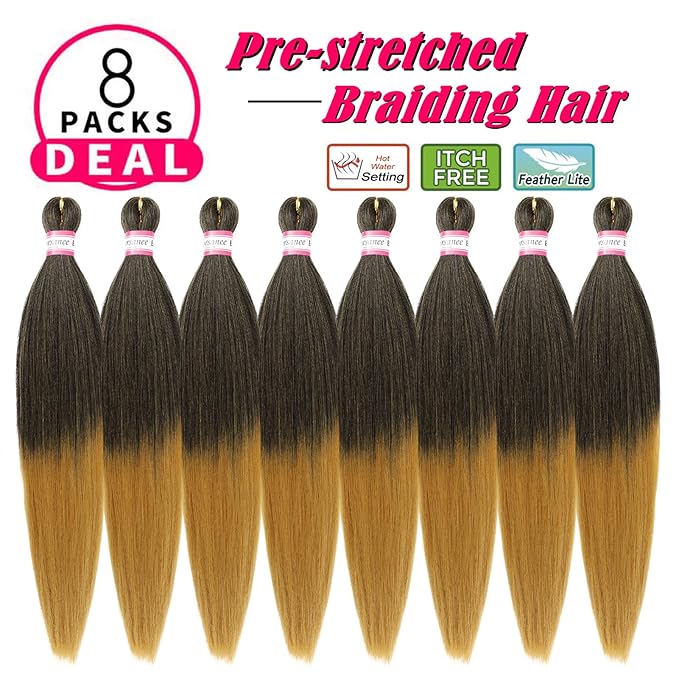 Dorsanee Ombre Honey Blonde Braiding Hair Pre Stretched 20 Inch 8 Packs Braiding Hair Extensions for Crochet Box Braids Twists Locs Hair Itch Free Soft Yaki Texture Hot Water Setting (20inch,#1B/27)