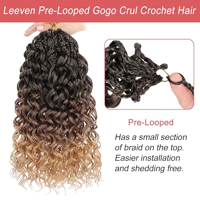 Leeven Gogo Curl Crochet Hair 14 Inch 8 Packs Ombre Brown to Honey Blonde Ocean Wave Crochet Hair Pre Looped Deep Twist Goddess Box Braids Short Curly Water Wave Synthetic Hair for Women Girl Kids