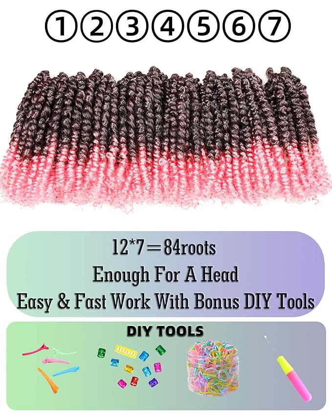 Super Short Passion Twist Crochet Hair for Black Women and Kids-6 Inch 7 Packs Ombre Pink Pre Looped Pre-twisted Passion Twist Hair,Bob Spring Kinky Twist Bohemian Curl(6"-7P,TPink)