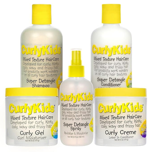 CurlyKids Super Detangle Spray Bundle with Hair Detangler Spray, Kids Shampoo, Conditioner, Gel & Creme for Curly, Frizzy, & Wavy Hair | Sulfate & Paraben-Free Formula to Detangle