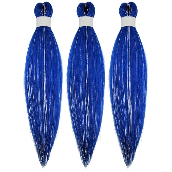 Tinsel Kids Braiding Hair Pre stretched Blue Braiding Hair for Glitter Braids Festival Braids Cosplay