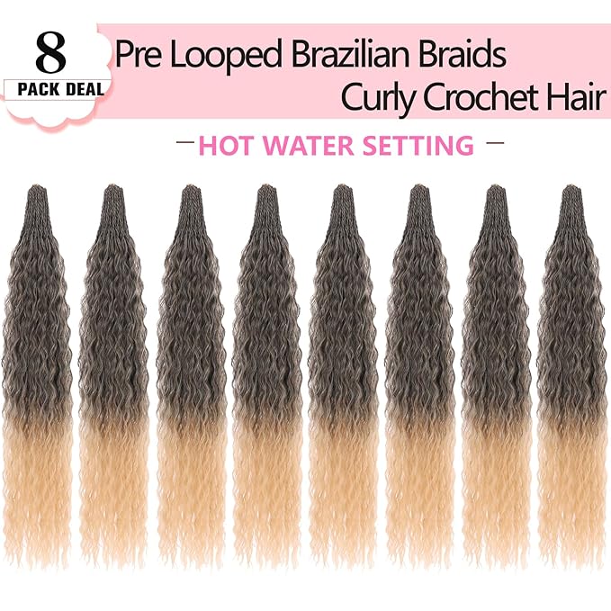 Xtrend Pre Looped Micro Kinky Curly Crochet Hair 18 Inch 8 Packs Ombre Honey Blond Brazilian Wave Micro Curly Crochet Hair Synthetic Deep Wave For Mini Passion Twist (30 Strands/Pack，T27#)