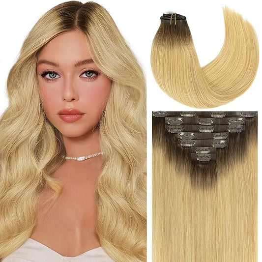 Caliee 16 Inch Balayage Clip in Hair Extensions Real Human Hair R4/18 Ash Blonde With Medium Brown Roots 7Pcs PU Clip in Human Hair Extensions 110G Silky Soft Natural Remy Hair for Women