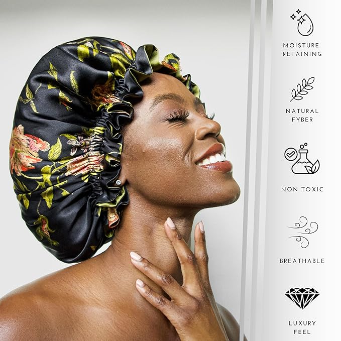 100% Mulberry Silk Bonnet for Women – Handmade in USA, 19 Momme Double-Layer Reversible Hair Wrap, Non-Slip Sleep Cap for Curly & Natural Hair, Luxury Hair Protection (Wild Rose)