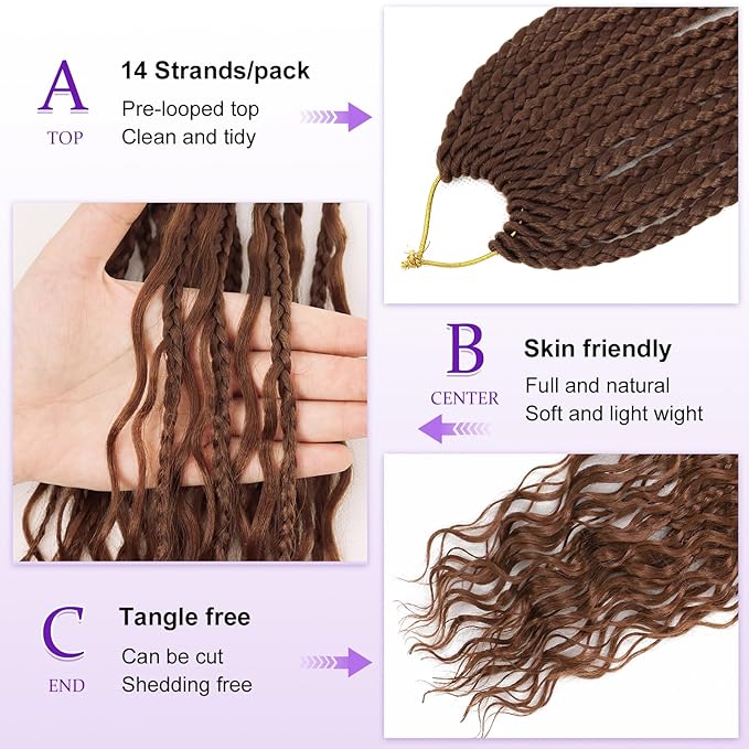 Eacia Goddess Box Braids Crochet Hair 24 Inch 7 Packs Pre Looped Boho Box Braids With Curly Ends Bohomian Curly Crochet Hair Extensions for Women(24 Inch, 30#)