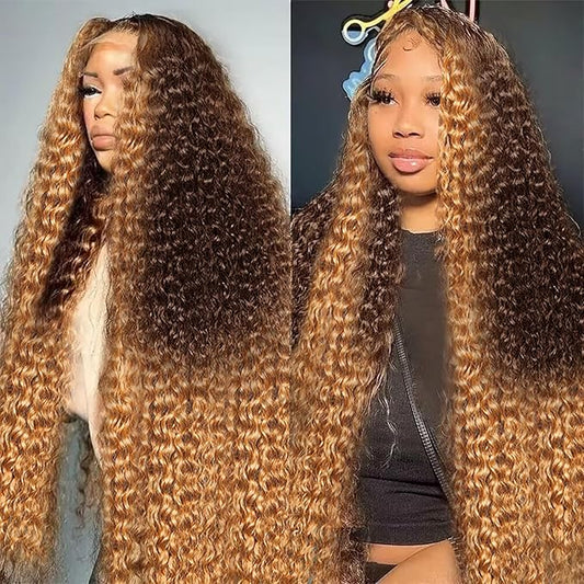 MEGOOD 250% Density 13x6 Highlight Ombre Lace Front Wig Human Hair 13x6 HD Honey Blonde 4/27 Curly Wig Human Hair Pre Plucked For Black Woman Deep Wave Lace Front Wigs Human Hair Colored Wigs 24Inch