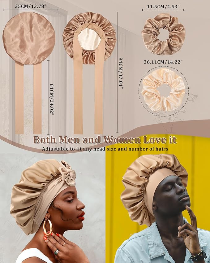 Reversible Satin Bonnet for Sleeping Women Double Layer Hair Bonnet with 2PCS Hair Scrunchies Elastic Tie Band Night Cap