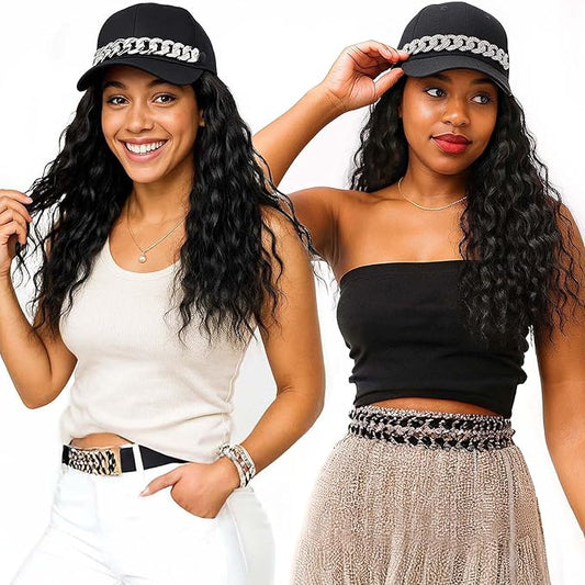 18-Inch Long Black Wig Hat, Synthetic Wavy Curly Wigs, Baseball Cap with Hair Extensions for Women