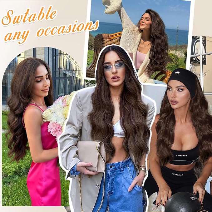 ALXNAN Clip in Long Wavy Synthetic Hair Extension 24 Inch Chocolate Brown 4PCS Thick Hairpieces Fiber Double Weft Hair for Women