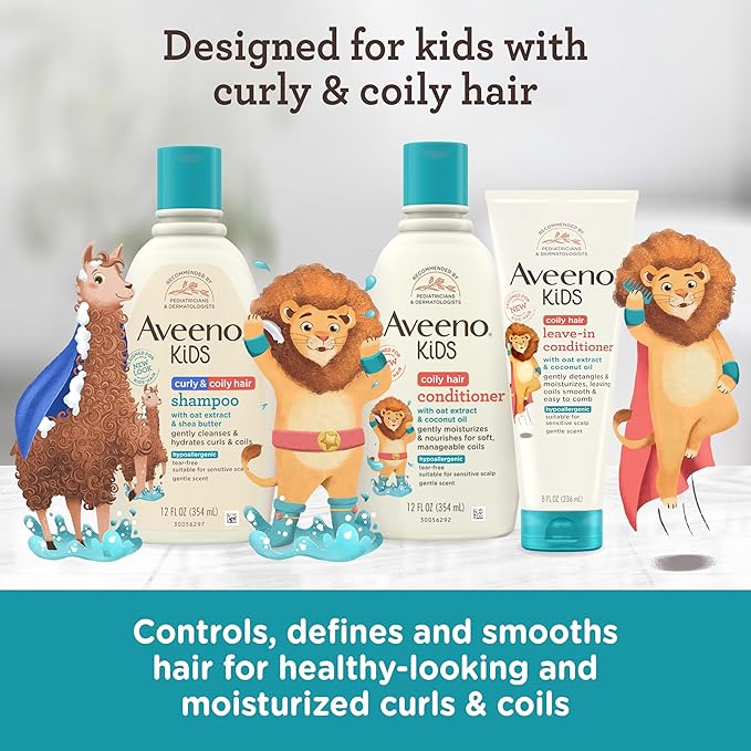 Aveeno Kids Coily Hair Conditioner with Oat Extract & Coconut Oil, Coily Hair Conditioner for Toddlers Detangles & Moisturizes Coils for Healthy-Looking Hair, Hypoallergenic, 12 fl. oz