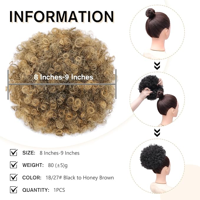 AISI QUEENS Afro Puff Drawstring Ponytail Extension for Black Women, Afro Puff Extension Large Size Black to Honey Brown Afro Kinkys Updo Hairpieces for Women Girls(T27#)