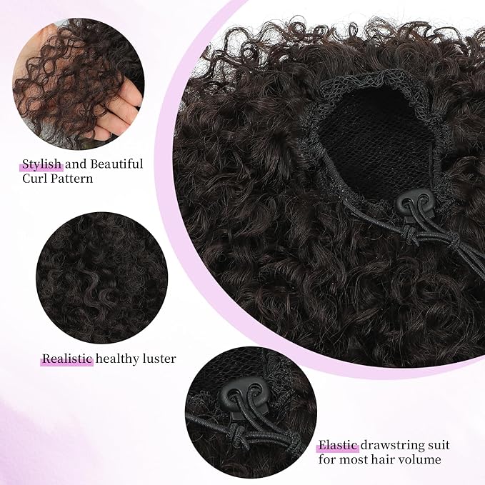 Drawstring Curly Ponytail Extensions for Black Women Protein Silk Fiber Human Hair Soft Feeling Afro Kinky Curly Hair Puff Pony tails Lightweight, Soft Natural Budget-Friendly for Daily Styles
