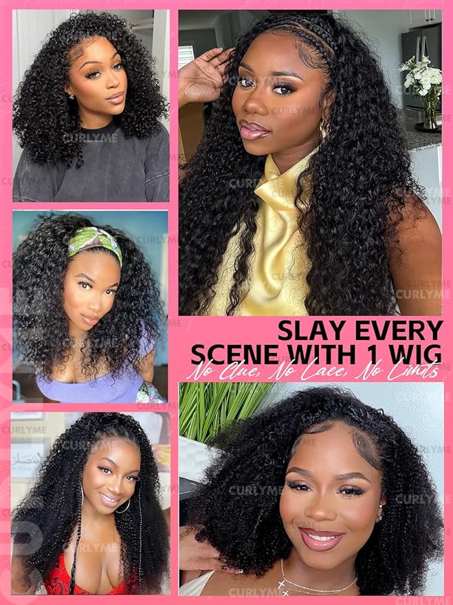 Curlyme Kinky Curly Half Wig Human Hair 3 In 1 Seamless Flip Over Half Wigs Human Hair Glueless Wear and Go Beginner Friendly Kinky Curly Wig Human Hair Drawstring Headband Wig for Women 24 Inch