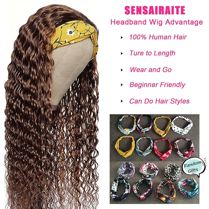 SENSAIRUITE Chocolate Brown Headband Wig Human Hair 10 Inch Deep Wave Curly None Lace Front Wigs for Black Women 180% Density Wear and Go Glueless Wig