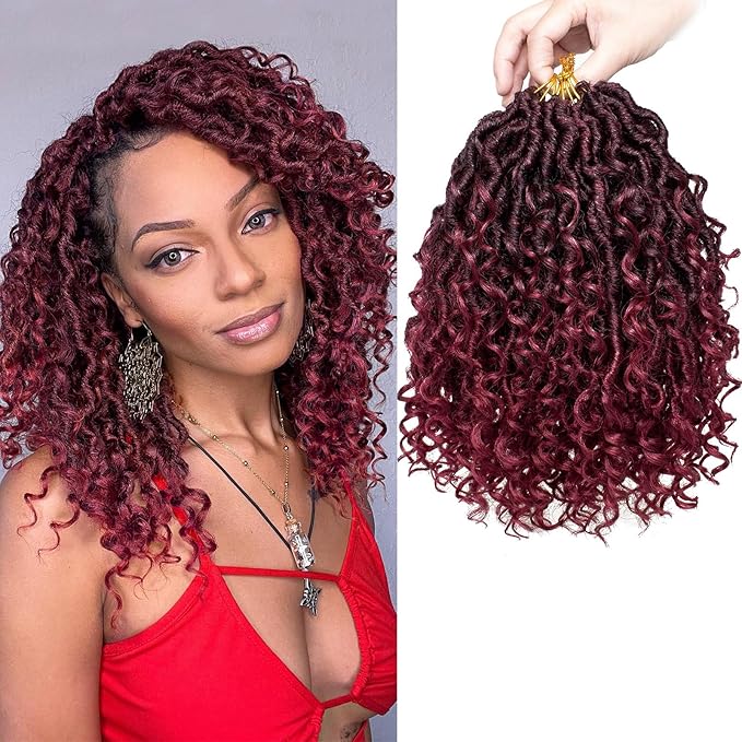 COOKOO 8 Packs Goddess Locs Crochet Hair Burgundy Red 12 Inch Faux Locs Crochet Hair Pre Looped Curly Crochet Locs Hair for Black Women Boho Hippie Locs Synthetic Hair Extensions Tbug#