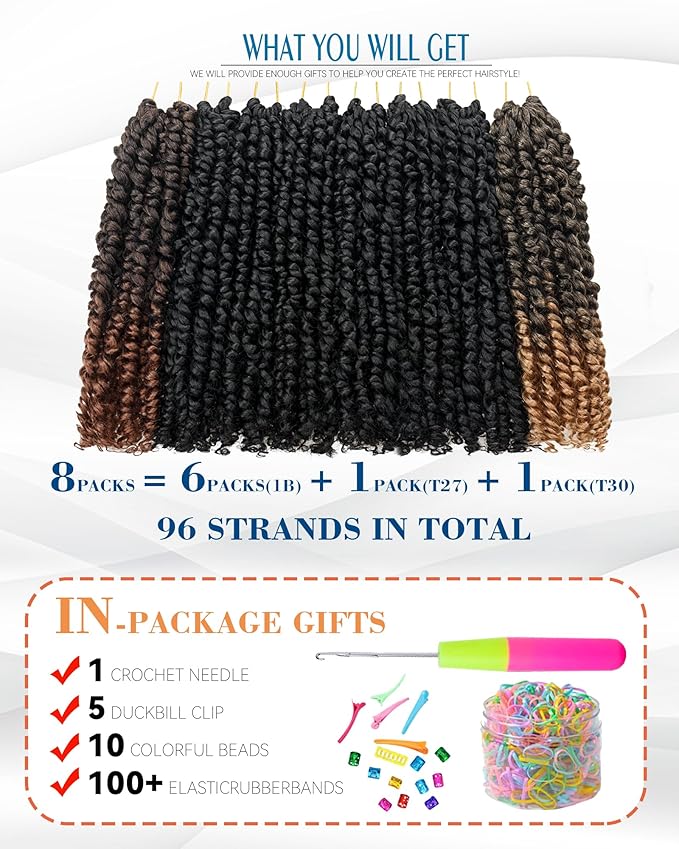 Passion Twist Crochet Hair-Mixed Color Combo Pack(6 packs 1B+1 pack T1B/27+1 pack T1B/30),Pre-twisted Pre Looped Synthetic Braided Hair Extensions For Black Women and Kids(10"-8 Packs,1B+T27+T30)